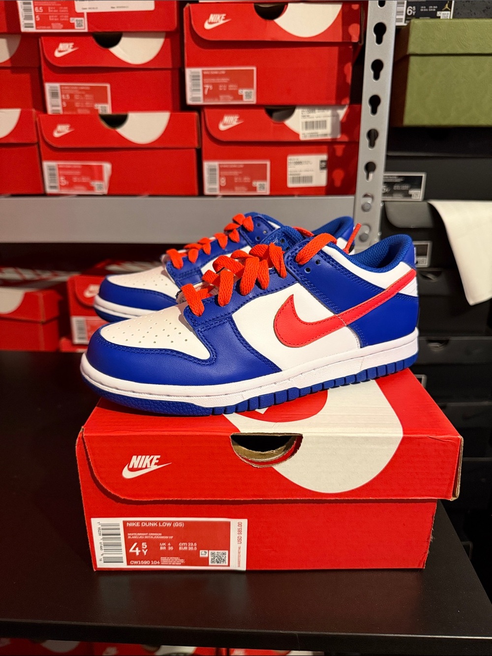 Nike Kids Dunk Low Bright Crimson Game Royal GS Size 4.5y - White/Blue/Red